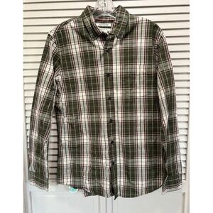 Good Threads‎ Slim Fit Long Sleeve Button Up Shirt Size M Green/White Plaid EUC